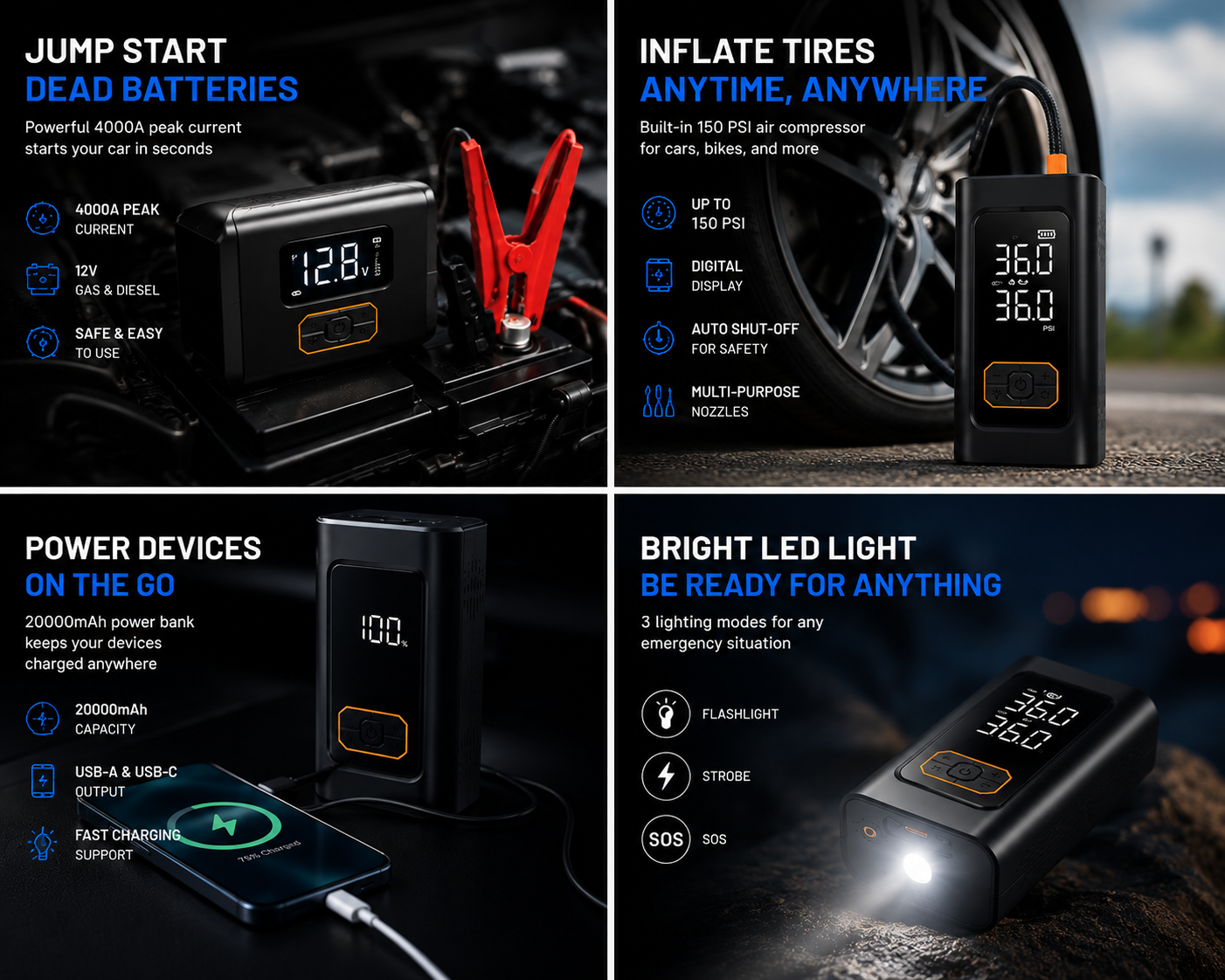 Portable Car Jump Starter with Air Compressor 150PSI Tire Inflator Digital Display Emergency Power Bank Booster