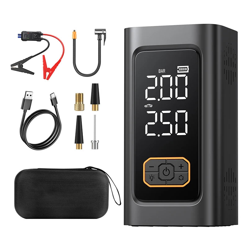 Black digital tire pressure monitor with accessories on a white background