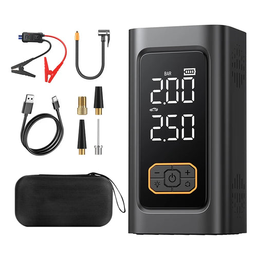 Black digital tire pressure monitor with accessories on a white background